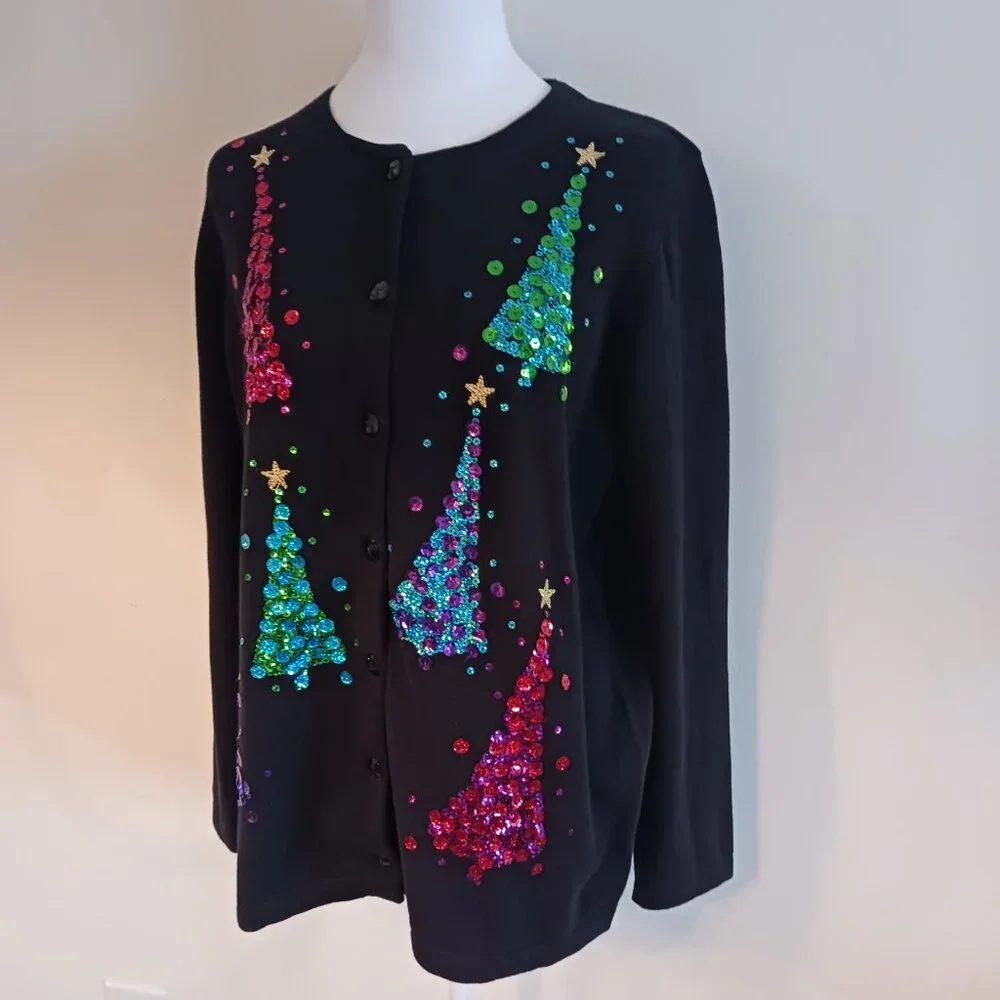 Quaker Factory NWOT Black Christmas Cardigan W/ Multi Color Sequins, Size Med.